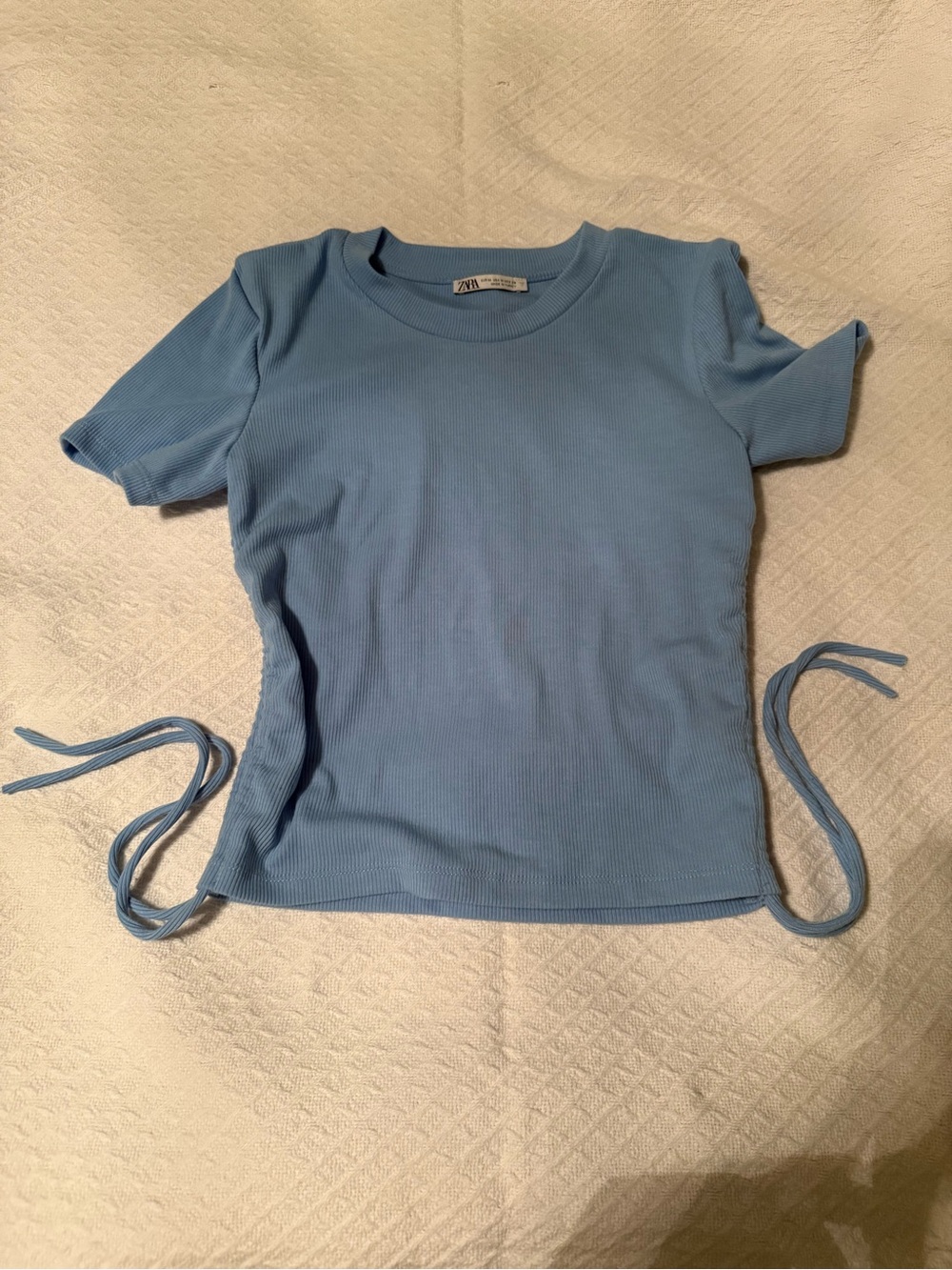 Zara Light Blue Ribbed Side-Tie Tee
